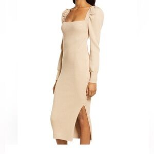 Charles Henry Square Neck Tie Back Puff Long Sleeve Sweater Dress in Sand